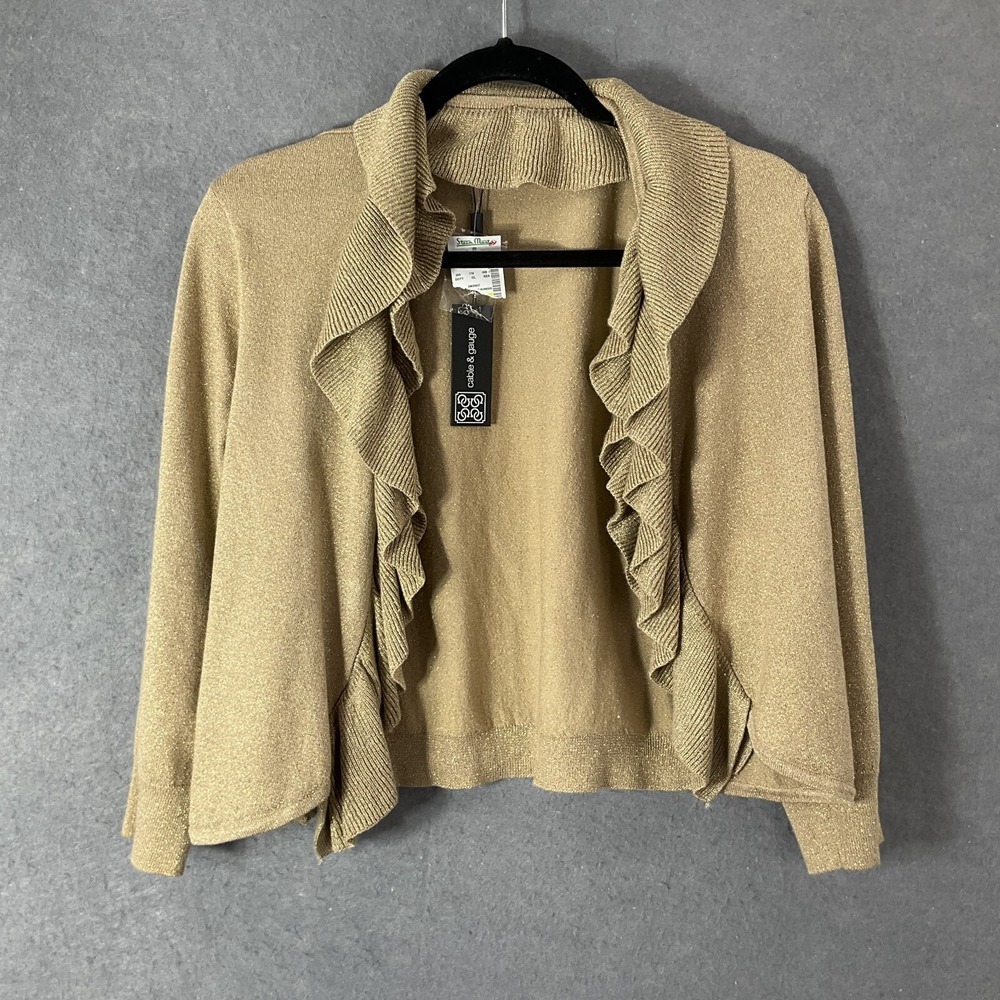 Cable & Gauge Cardigan Womens Sz L Metallic Gold Ruffle Water Fall Copped Knit